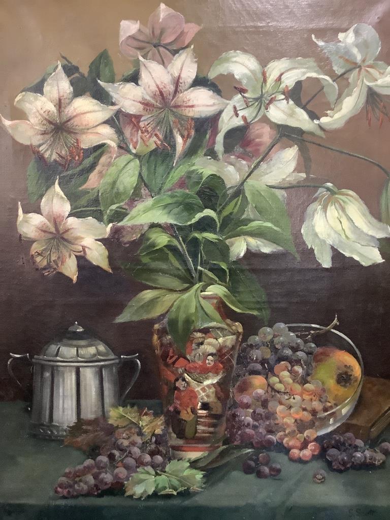 Harriet Sara Scott c.1900, oil on canvas, Still life of lilies and fruit on a table, signed, 80 x 61cm